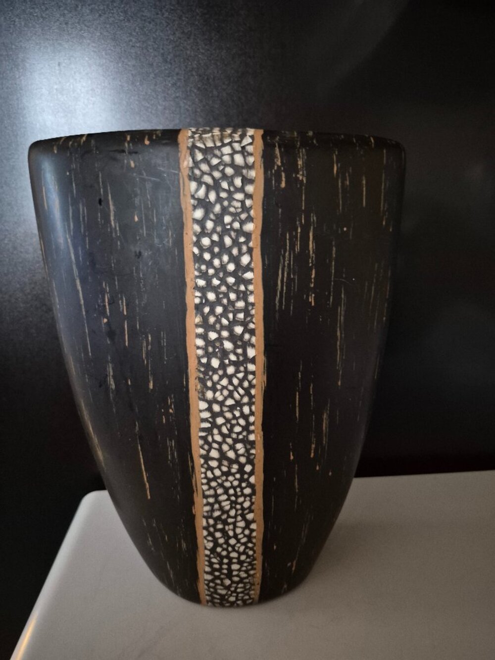 DECORATIVE VASE TEXTURED BLACK BODY INLAID STONE 12 1/2"